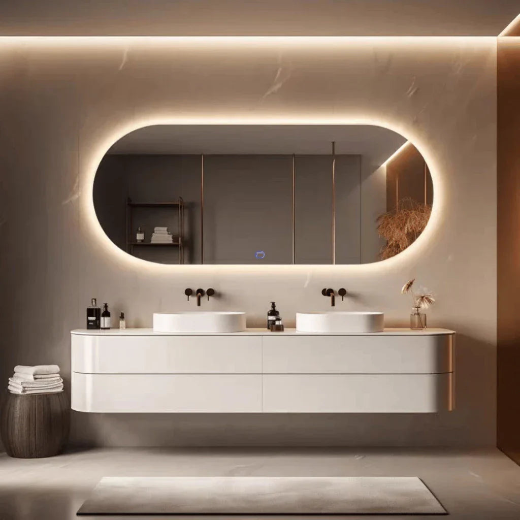 Espejo Orgánico Base Recta de Cuerpo Entero Grande con LED Touch Cálido/Frío 150x40 cm y 110x50 cm – Lapidado Liquidación
